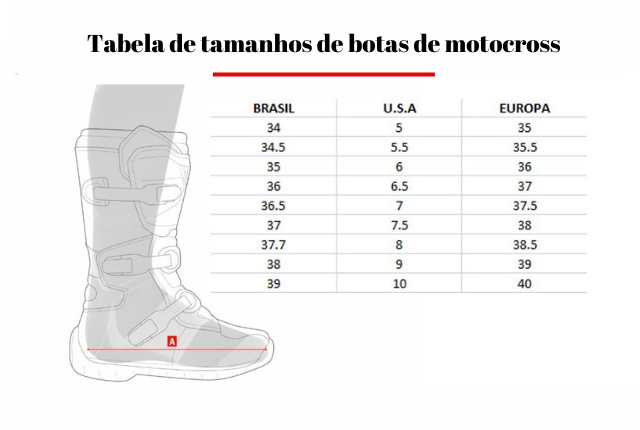 Tabela de tamanhos de botas de motocross Juvenil